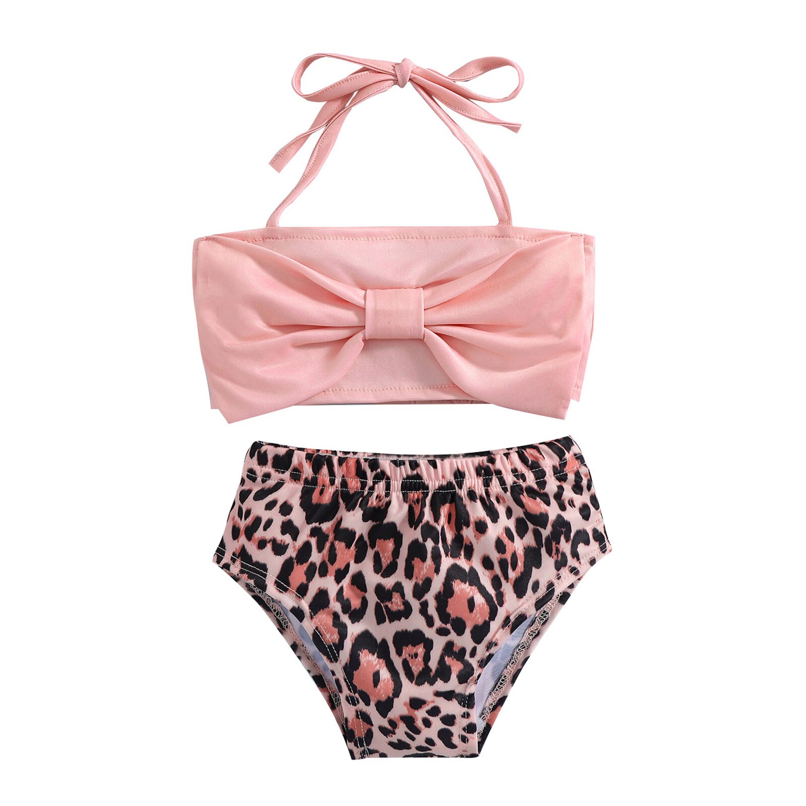 Little Girls Split Swimsuit Set, Toddlers Summer Pink Bow Hanging Neck Sleeveless Swimwear + Leopard Print Swimming Trunks