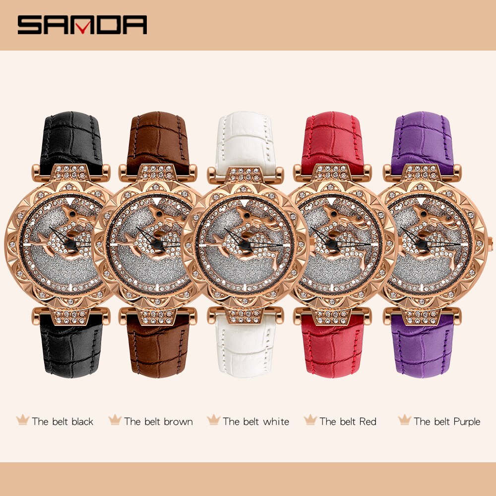 Sanda dameshorloge met kristal, diamant, draaibare wijzerplaat, leren stalen magneet, waterdicht quartzhorloge