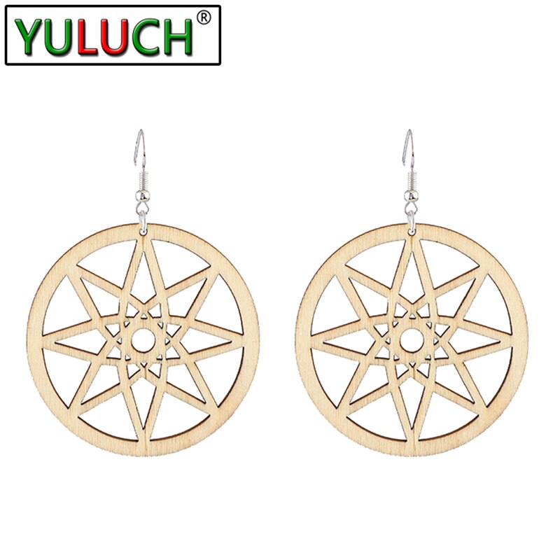 Retro Round Wood Earrings for Women Casual Original Hollow Eight-pointed Star Geometric Wooden Jewelry