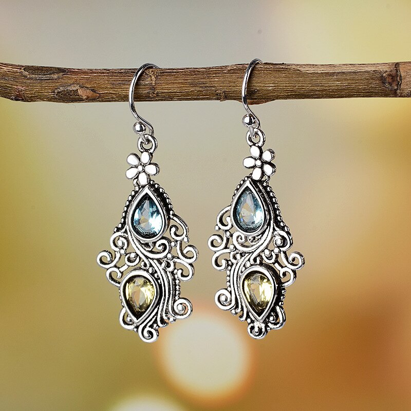 JoiasHome 925 Earrings Vintage Ethnic Blue Sea Topaz Passion Flower Water Pear Shaped Earrings: Default Title