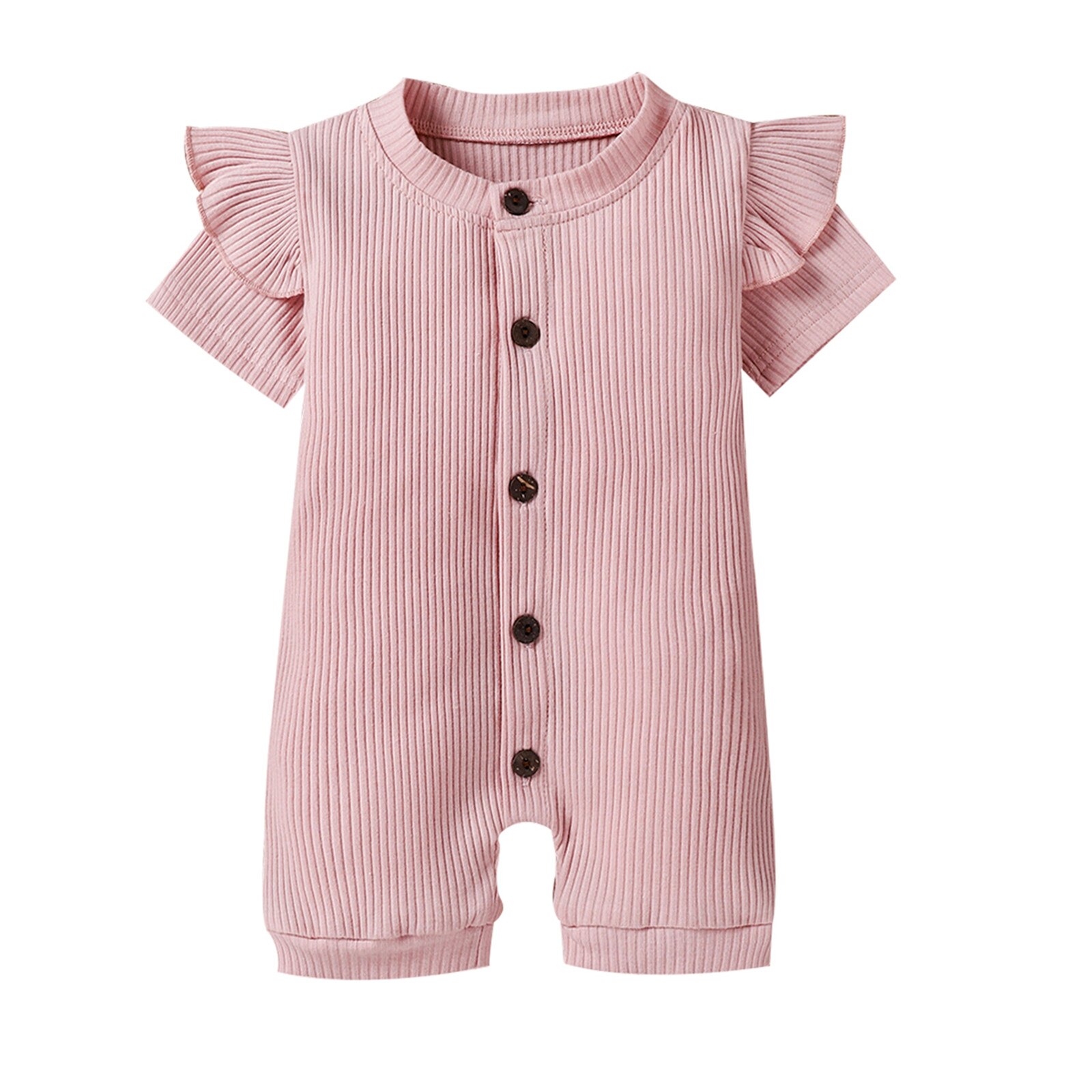 Combinaisons d'été pour tout-petits, barboteuses côtelées à manches courtes et col rond de couleur unie pour bébés filles de 0 à 18 mois: Rose / 6M