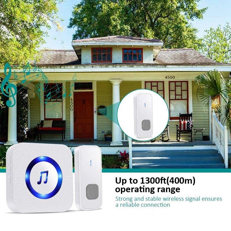 Wireless Smart Doorbell Set IP55 Waterproof Doorbell Electric Door Chime Kit with 55 Chimes&Blue Lights for Home