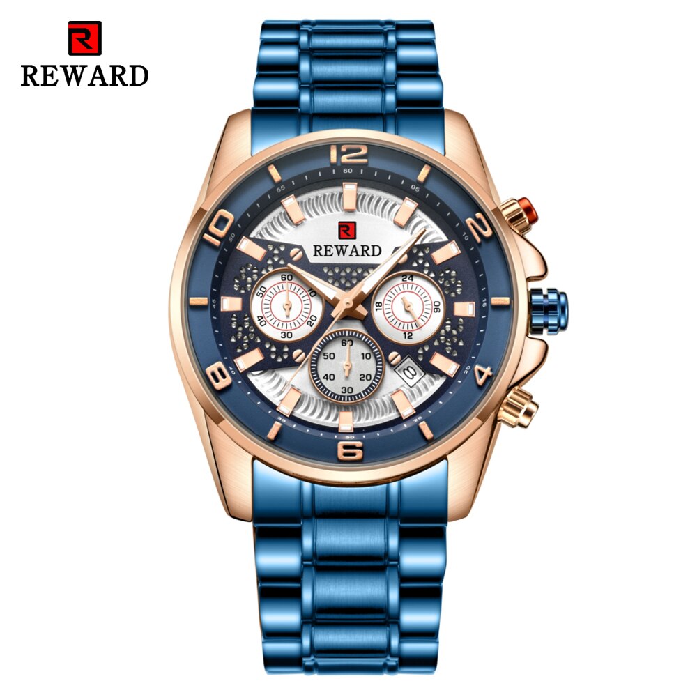 Reward sport chronograaf herenhorloges volledig stalen quartzhorloge grote wijzerplaat waterdicht horloge heren gouden polshorloges relogio masculino: Blauw