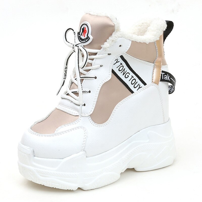 Kengät naiset nahka nauhat korkea toppi musta trendikäs tennarit alustan korkeuden lisäys kengät naiset nilkka talvi lämmin pehmolenkkari