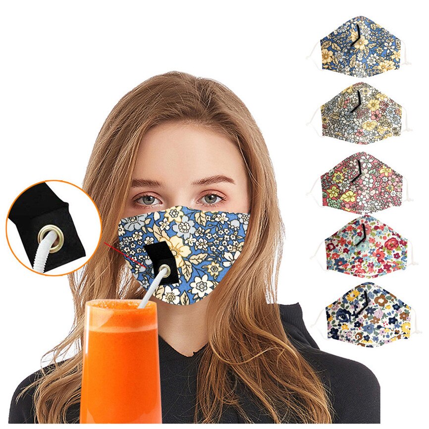 Adult Women Protect Dustproof Cotton Face Drinking with Hole for Straw Breathable washable straw cloth For Faces Protection