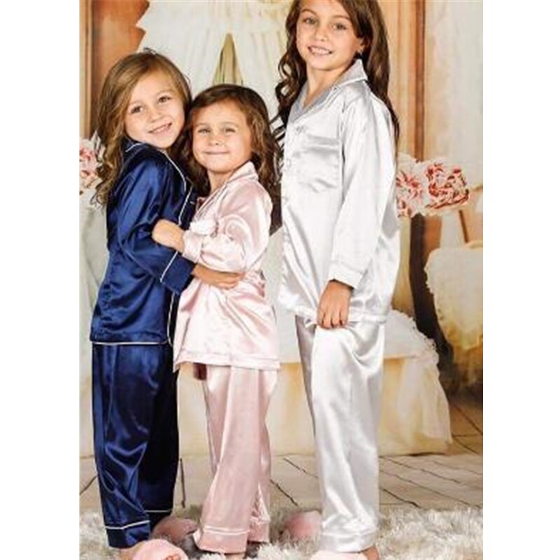 Neue freundlicher freundlicher Pyjama die Seide Satin- Spitzen Hemden Hosen Frühling Herbst Winter Langarm Nachtwäsche Nachtwäsche Mädchen Junge Schlafanzug setzt