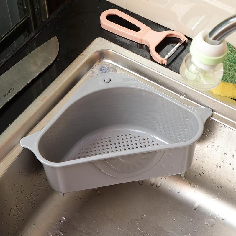 Multifunktionelt hjørnevask afløbsstativ sugekop vask drænkurv skål svampholder køkken badeværelse arrangør opbevaring: Grå