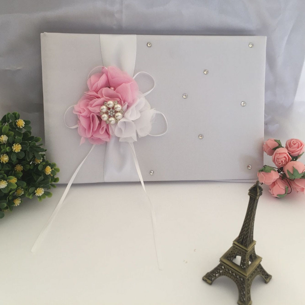 Vit satin blomma bröllop gästbok signering penna set med söta band pärlor  km88