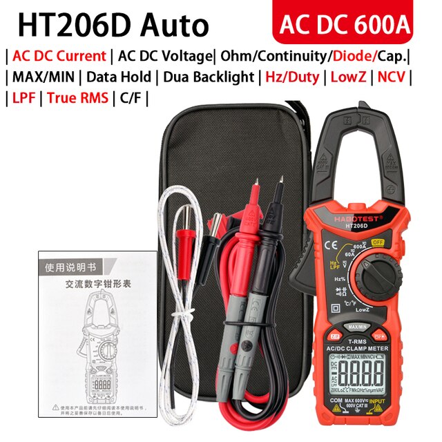 Clamp Multimeter DC Curent Clamp Meter Digital True RMS Capacitance AC DC Ohm Hz C/F Pinza Amperimetrica Tester: HT206D 600A AC DC