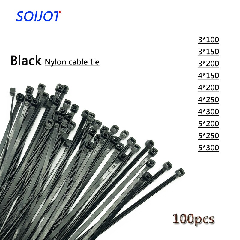 Self-Locking Plastic Nylon Wire Cable Zip Ties 100pcs Black Cable Ties Fasten Loop Cable Various specifications
