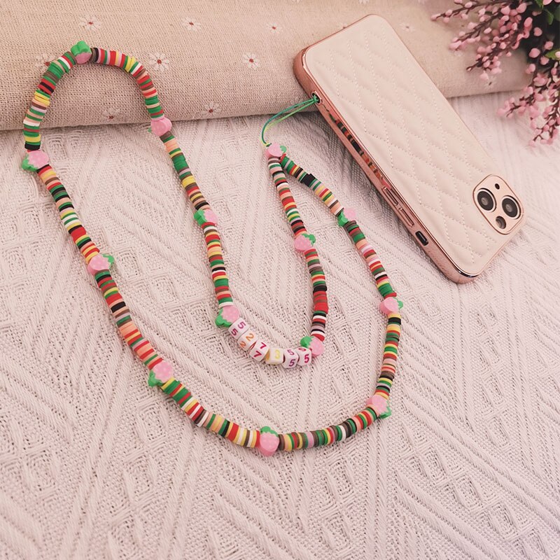 Long Flower Soft Circle Beaded Lanyard Anti-Lost Lanyard Trendy Crystal Stone Beads Mobile Phone Chain for Girls Cellphone Strap