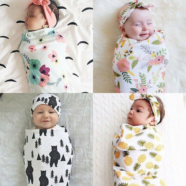 Pudcoco 2 pièces/ensemble bébé Robes imprimer Animal -né bébé Swaddle couverture bébé dormir Swaddle enveloppe en mousseline bandeau