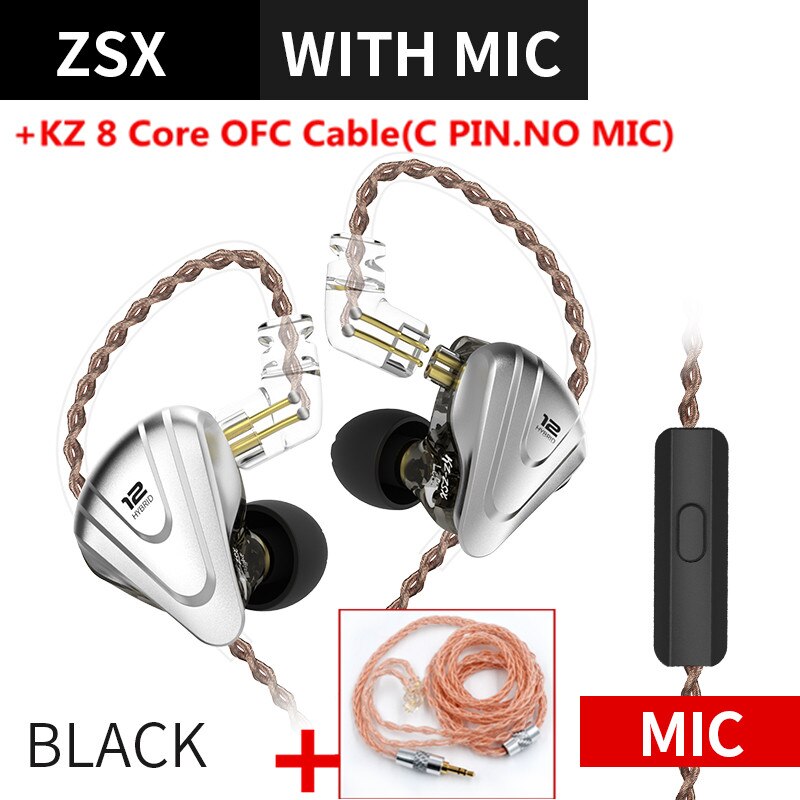 KZ ZSX 1DD+5BA 12 Unit Hybrid In-ear Earphones HIFI Metal Headset Music Sport KZ ZS10 PRO AS12 AS16 ZSN PRO C12 DM7 as06 v90: black with mic(ofc