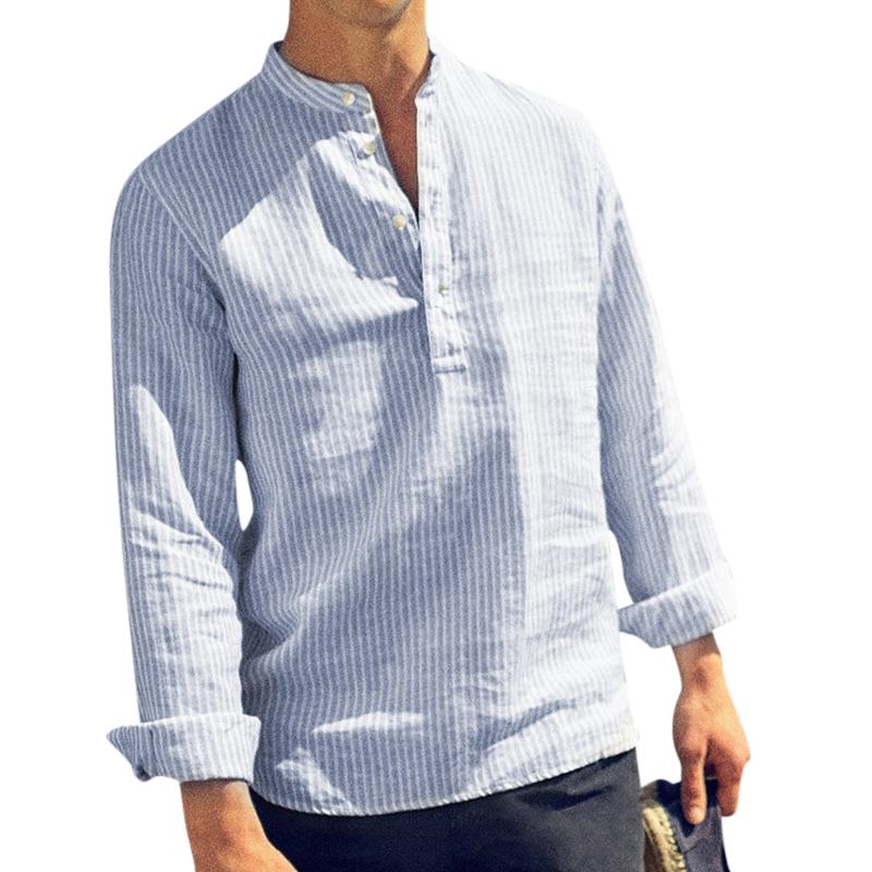 Trend Gestreepte Katoenen Shirts Jurk Mannen Shirts Kraag Button Tops Lange Mouw Losse Mode Sociale Overhemd Strand Tee Camisa: XXXL