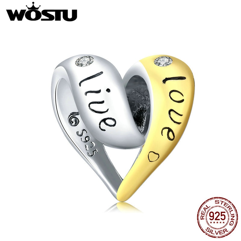 Wostu amor ao vivo coração charme 100% 925 pingente de prata esterlina cz grânulo de ouro ajuste original pulseira colar jóias de casamento ctc227