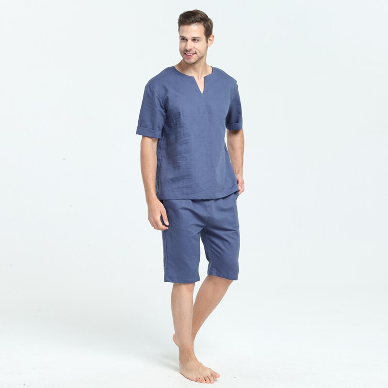 Herre naturlig linned bomuld kortærmet pyjamas sæt med shorts søvn top nattøj hjemmetøj loungewear