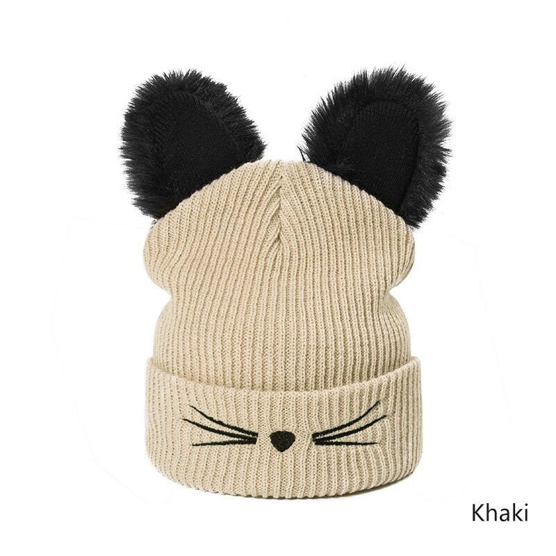 Wintermuts vrouw casual cartoon kat warme zachte skullies mutsen coole muts voor dames muts jongens meisjes: Khaki