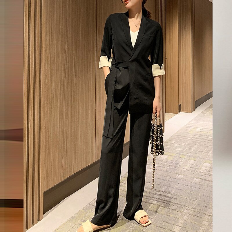 Summer Spring Women Lace Up Pant Suit Notched Blazer Jacket & Wide Leg Pant Office Wear Suits Female Sets Plus Size 5XL: Black / XL