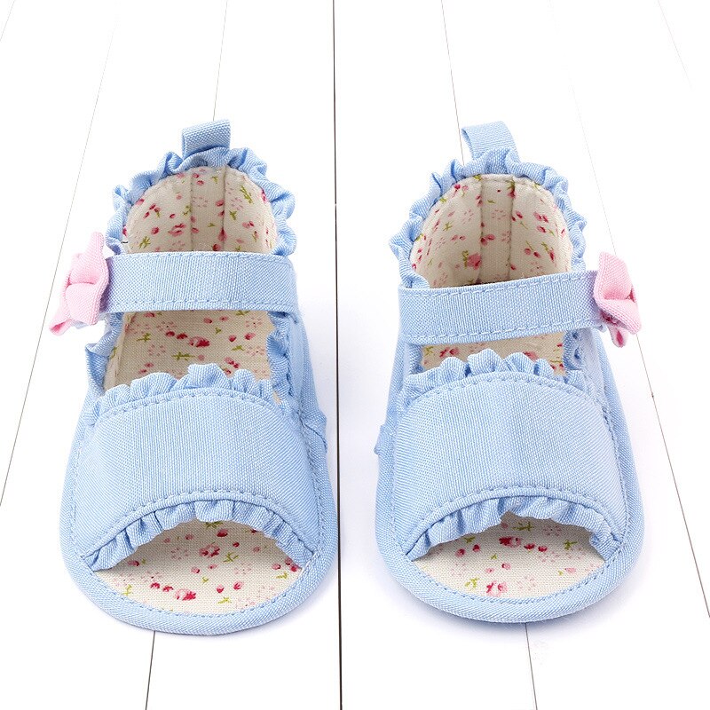 Baby Girls Ruffe Bowknot Crib Shoes Cute Summer Bowknot Floral Sandals Soft Anti-Slip Sole Toddler First Walkers Prewalker 0-18M: Blue / 0-6 Months