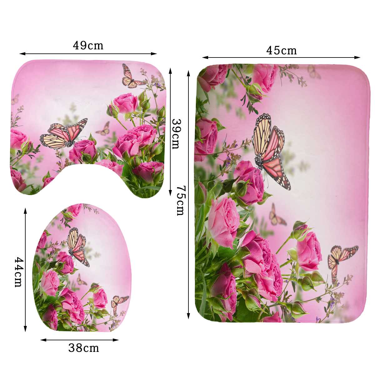 Fjäril badrum duschdraperi set blomma rosa ros badrumsgardin toalettsits överdrag mattor halkfri badmatta heminredning