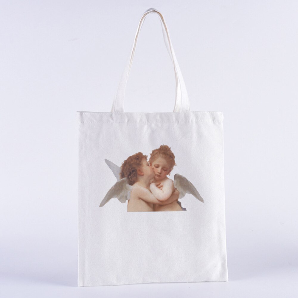 YOU CAN'T SIT WITH US Vintage Harajuku Angel Female College Canvas Shoulder Bag Casual Large Capacity White Totes: B0102-TBWH-M