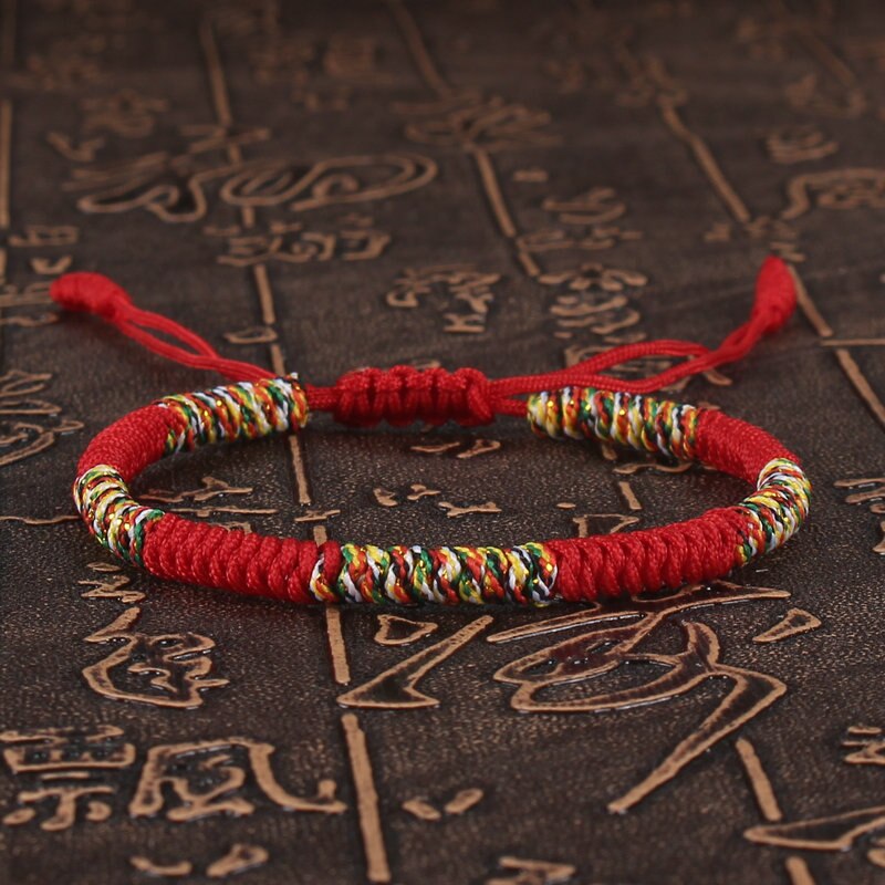 Pulsera Budista Tibetano para mujer y hombre, brazalete de hilo de colores, cuerda roja de la suerte, nudos trenzados, joyería: Estampado en caliente