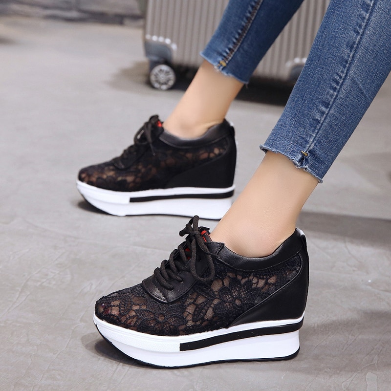 Summer Lace Breathable Sneakers Women Shoes Comfortable Casual Woman Platform Wedge Shoes lace up Muffin bottom shoes