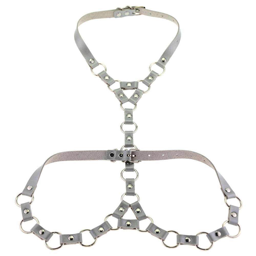 Mode Punk PU Lederen Harnas Body Met O-Ring Choker Bondage Taille Riemen: silver