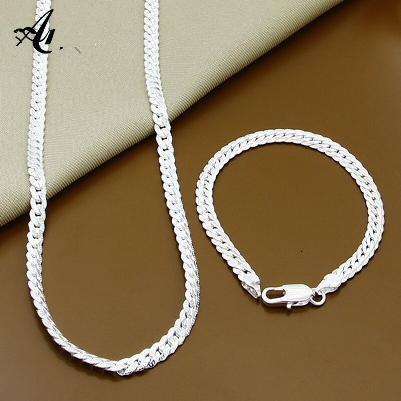 Trendy 925 Sterling Zilver Volledige Sideways Ketting/Armband Sieraden Sets Voor Vrouwen Mannen Zilver 925 Sieraden