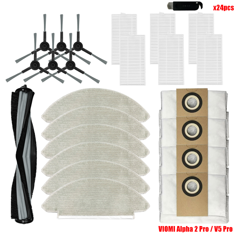 Pièces de rechange pour aspirateur robot Viomi Alpha 2 Pro / V5 Pro, brosse à rouleau, sac à poussière, vadrouille, chiffons, brosse latérale, filtre Hepa: Grey