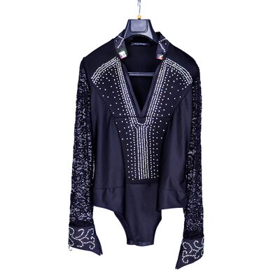 Ballroom Latin Dance Shirts Male Black Long Sleeve Lace V Collar Shirt Men Samba Cha Cha Dancing Tops Performance Wear: black / XXXL