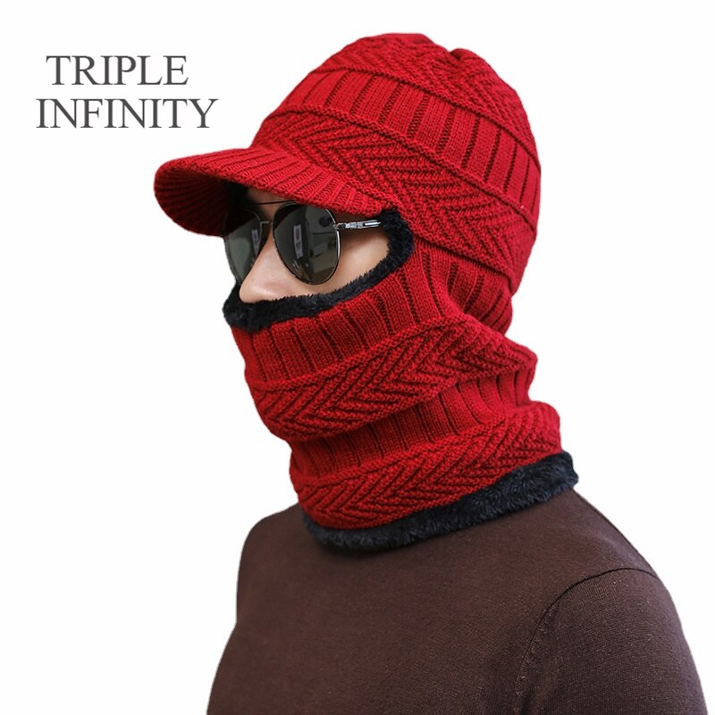 TRIPLE INFINITY Brand Skullies Beanies Winter Knitted Hat Cap Elastic Thick Skin-friendly Warm Ear Protection Bonnet Men's Hats: Hat And Scarf E