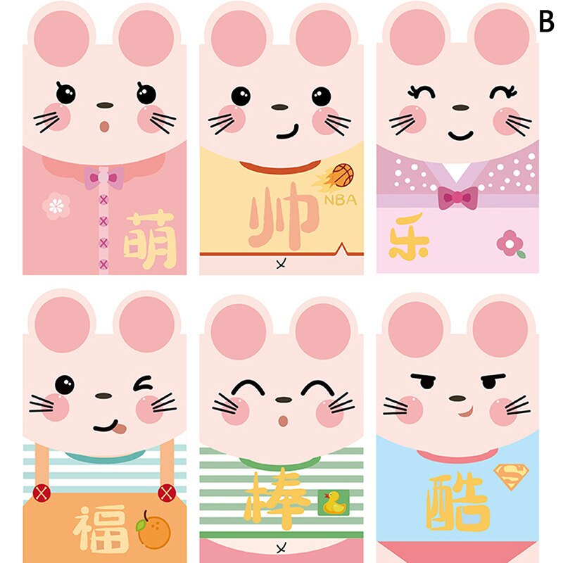 6 Stks/pak Kawaii Chinese Fortune Rat Jaar Rode Envelop Kinderen Jaar Rode Pocket Voor Student Kids