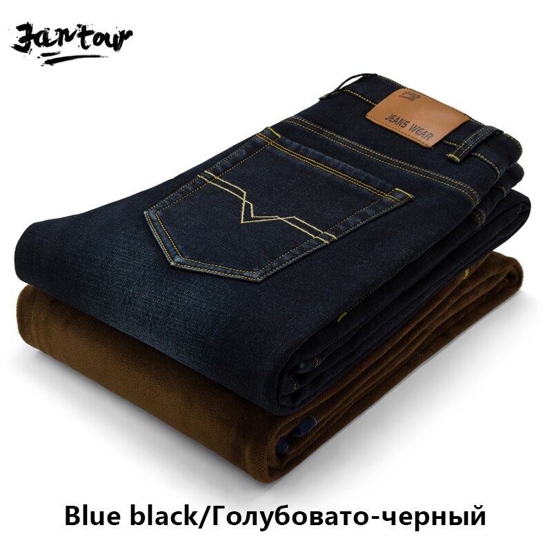 Inverno quente térmica flanela estiramento jeans dos homens de qualidade famosa marca velo calças homens em linha reta reunindo calças jean masculino 28-40: Blue black / 29