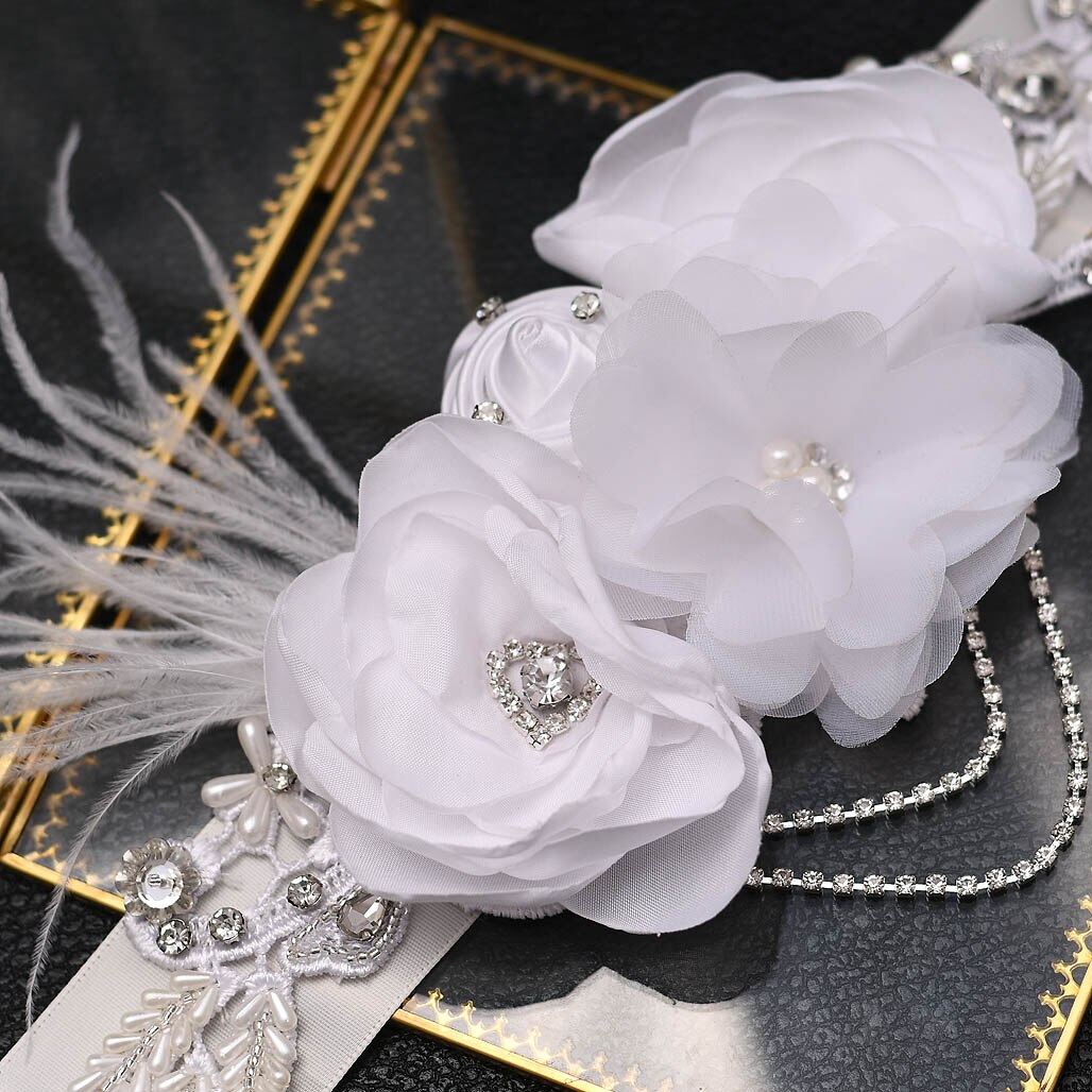 Cinturón de lujo con flores y plumas grandes para mujer, fajín de señora para de boda con diamantes de imitación y cinturón para chica de cristales, S478