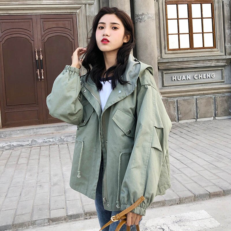 Loose Trend Trench Coat Spring Autumn Women's Hooded Harajuku Short Section Windbreaker Outerwear Female Casual Trench Coat: Army Green / L