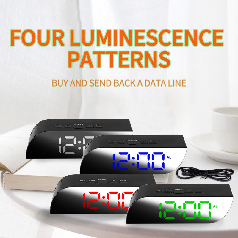 LED Digital Alarm Clock Night Light Thermometer Display Mirror Lamp