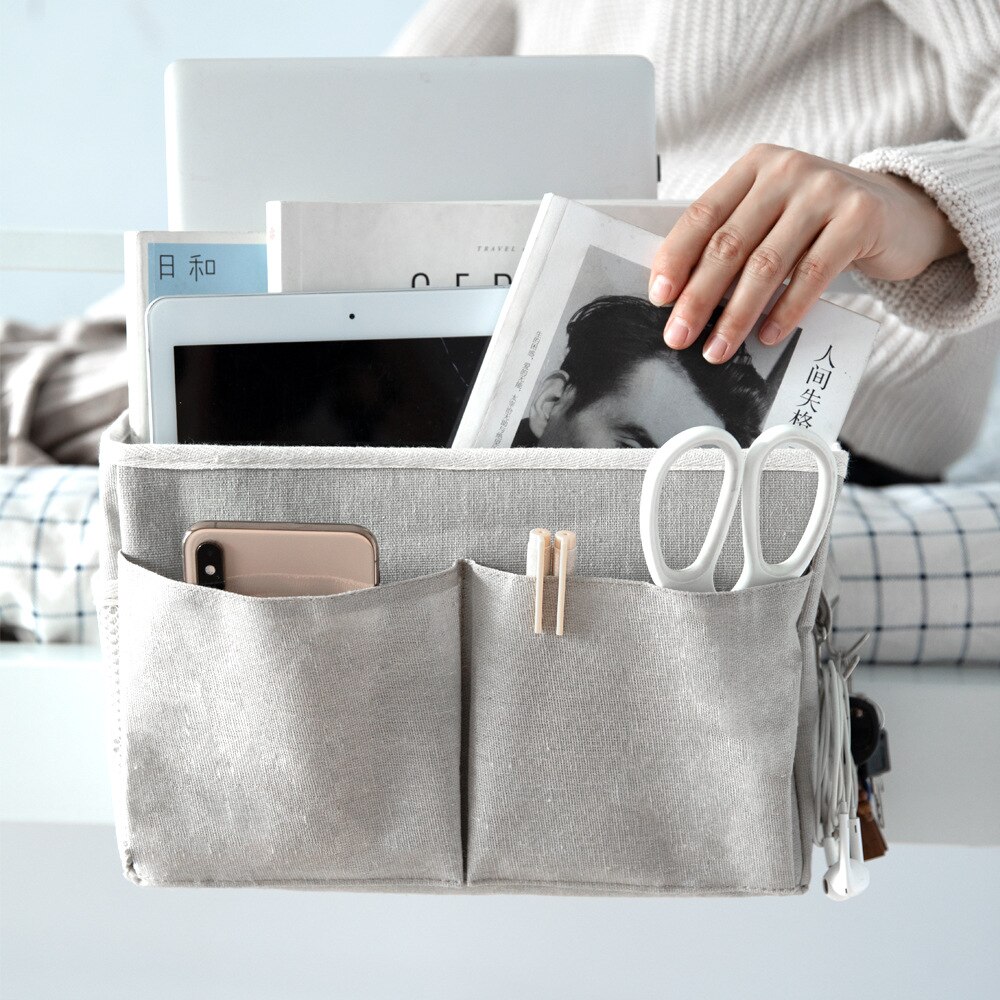 1 Pcs Bedside Hanging Storage Organizer Bedside Caddy With Metal Hooks Bunk Bed Storage Pocket For Books Phones Tablets