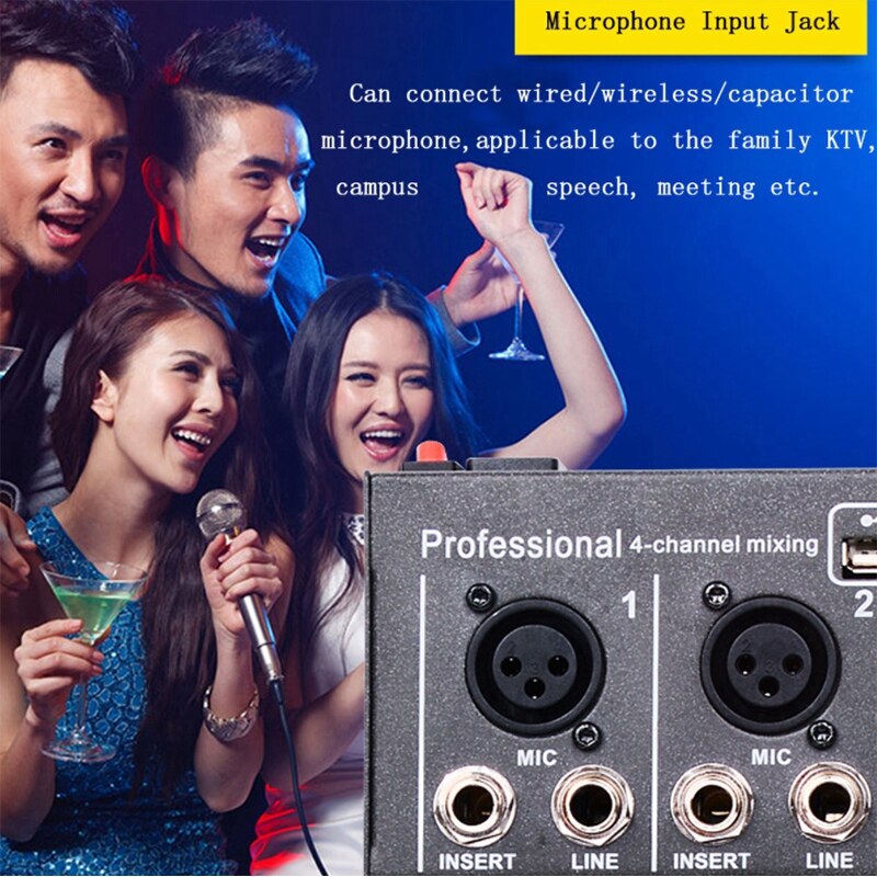 Mini Draagbare Audio Mixer Met Usb Dj Sound Mixing Console MP3 Jack 4 Channel Karaoke 48V Versterker Voor Karaoke (Eu Plug)