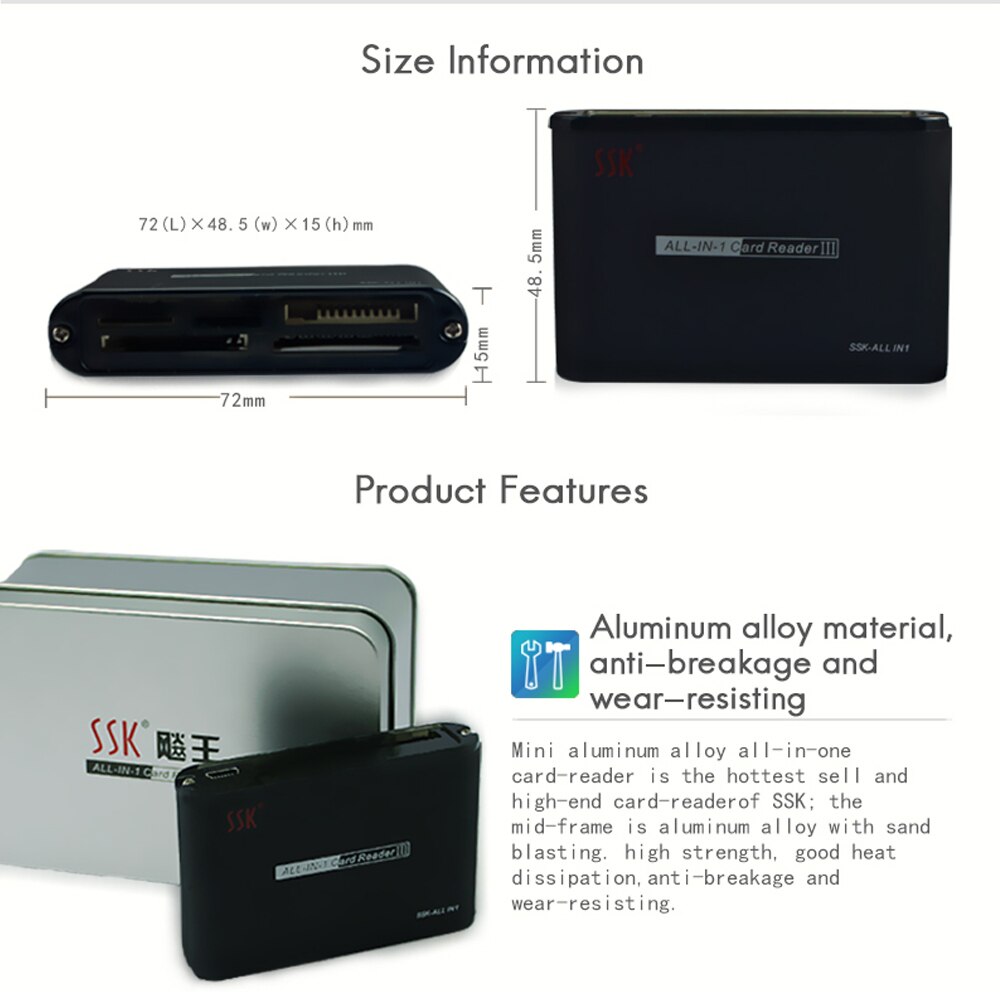 SSK Aluminum USB2.0 Card Reader All in One USB Memory Card Reader Reader High-Speed Adapter for PC Laptop Computer Tabler PC