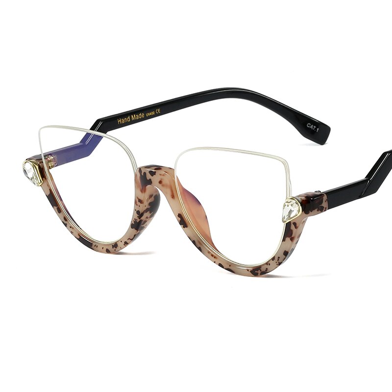 Trendy Glasses Frame Women Half Frame Black Anti Blue Light Eyeglass Frame Luxury Crystal Cleear Glasses Frames Okulary