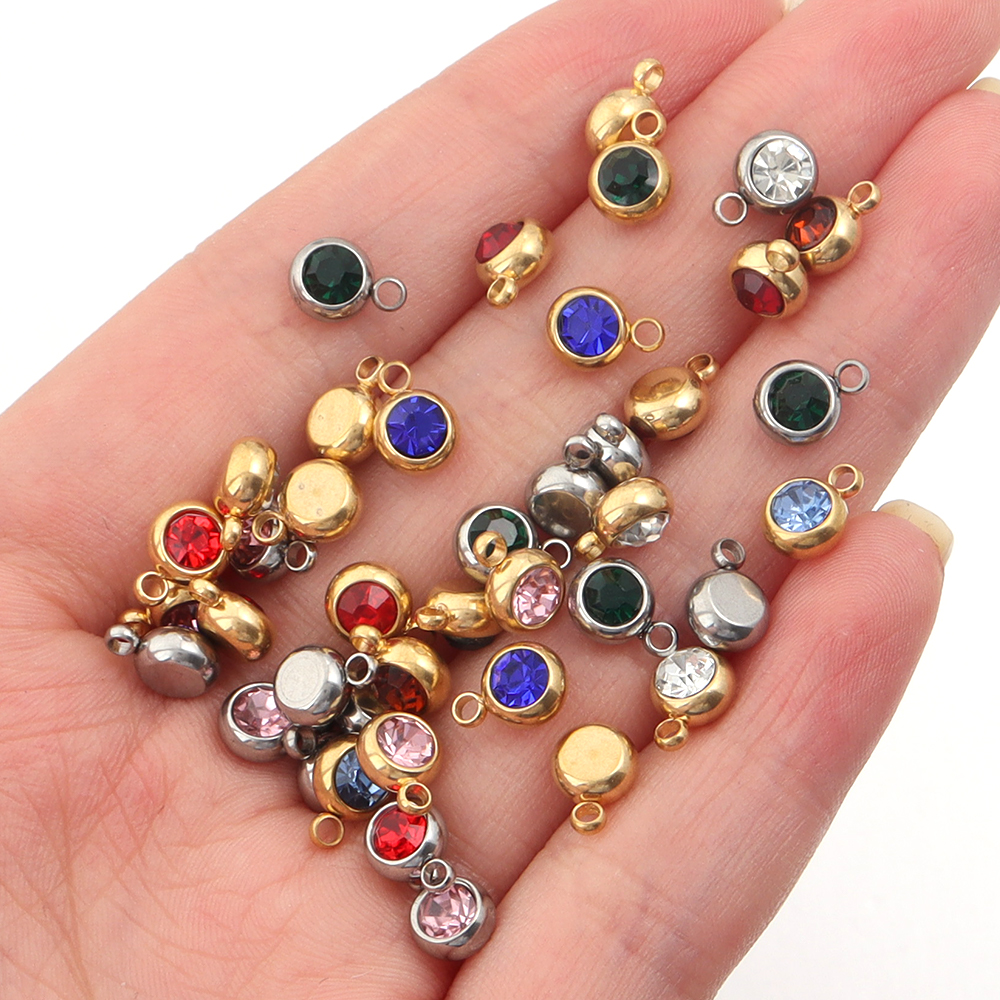 10pcs/lot Stainless Steel Birthstone Pendant 6mm Flat Round Rhinestone Charms Pendant For DIY Jewelry Making Necklace Bracelet