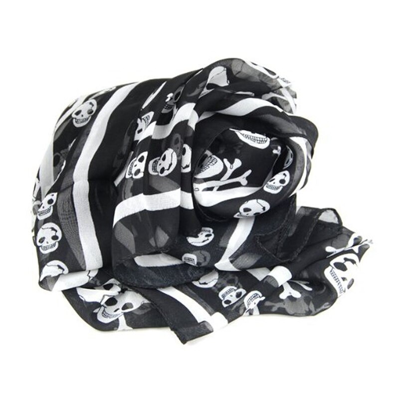 Black Chiffon Silk Feeling Skull Print Long Scarf Shawl Scaf Wrap For Women