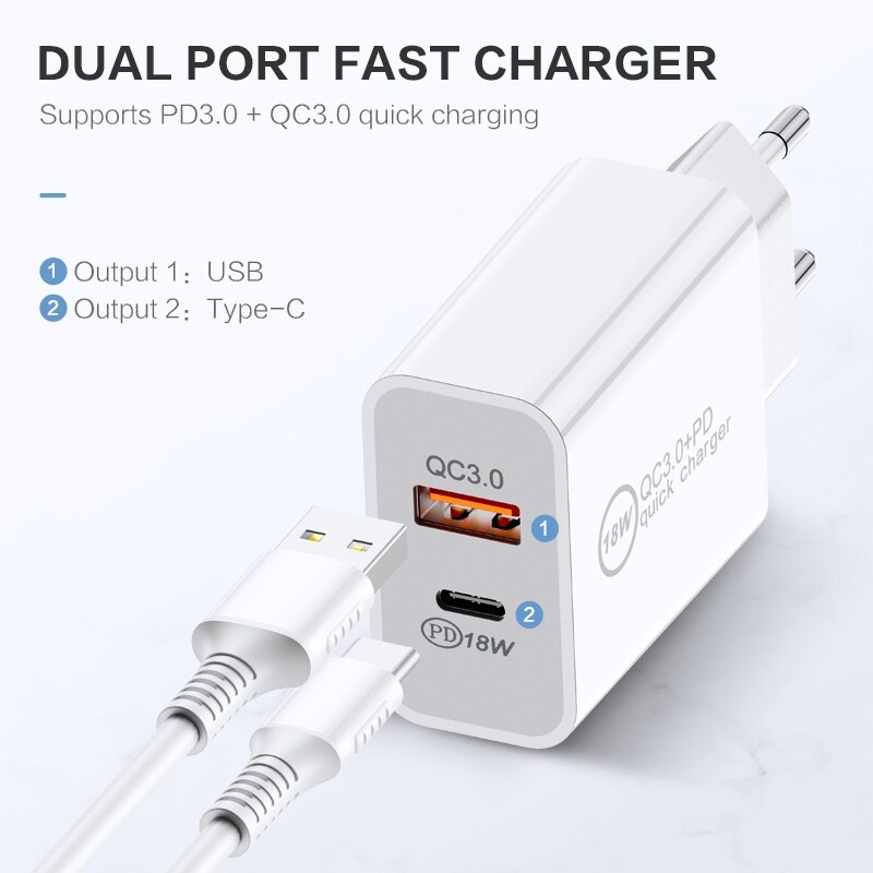 Floveme 18W Pd 3.0 Dual Port Quick Charge 3.0 Telefoon Oplader Voor Iphone Samsung Qc 3.0 Mobiele Telefoon Oplader snel Opladen