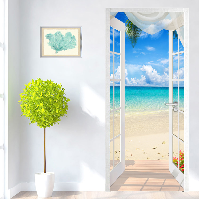 PVC Self-adhesive Door Sticker Window Sandy Beach Seascape 3D Photo Wallpaper Mural Living Room Bedroom Door Decoration Stickers