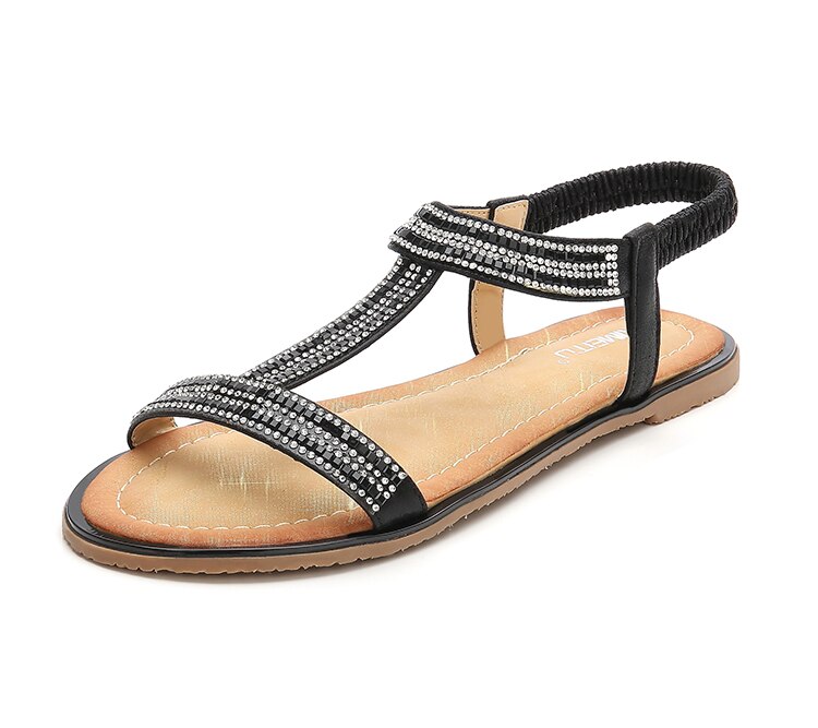 Kvinder sandaler kvinder sko flade sandaler kvinder rhinestones sandaler dame sko sommer strand sandalier kvinde sko store størrelser: Sort / 4