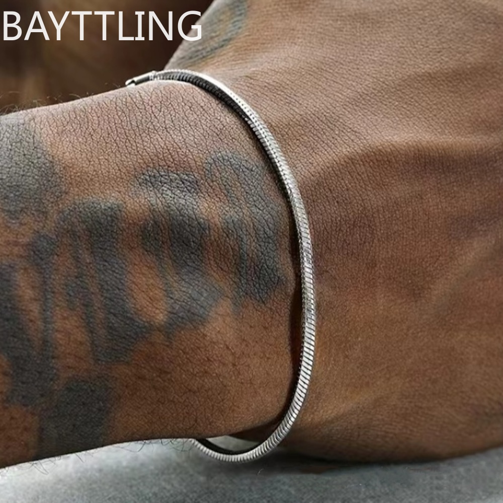 Pulsera de cadena de serpiente de plata de ley 925 para hombre y mujer, brazalete sencillo de estilo Hip Hop, joyería de Punk, , 3MM