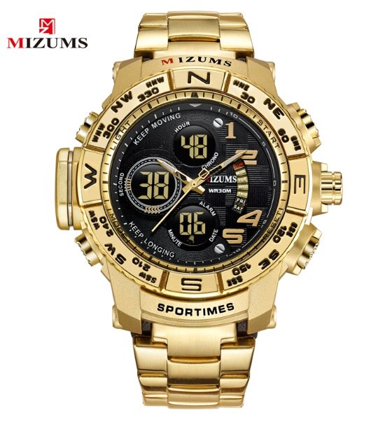 Luxe heren Horloge Gouden Stalen Band Casual Quartz Horloge Voor Mannen LED Digitale Waterdichte Sport Horloges Klok Mannelijke: Goud