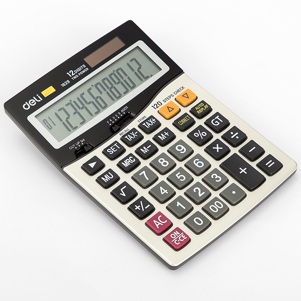 Calculadora Deli E1629, programador universal, 120-comprobar, calculadora de impuestos, batería de 12 dígitos y energía Solar Dual, superficie de Metal para oficina