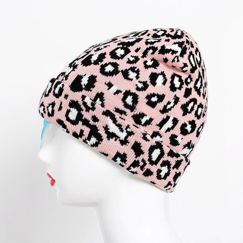 Vinter hat til voksne kvinder mænd vinter leopard hæklet strik hat varm kasket leopard uld kvinders strikket hat kvinders hat: Lyserød